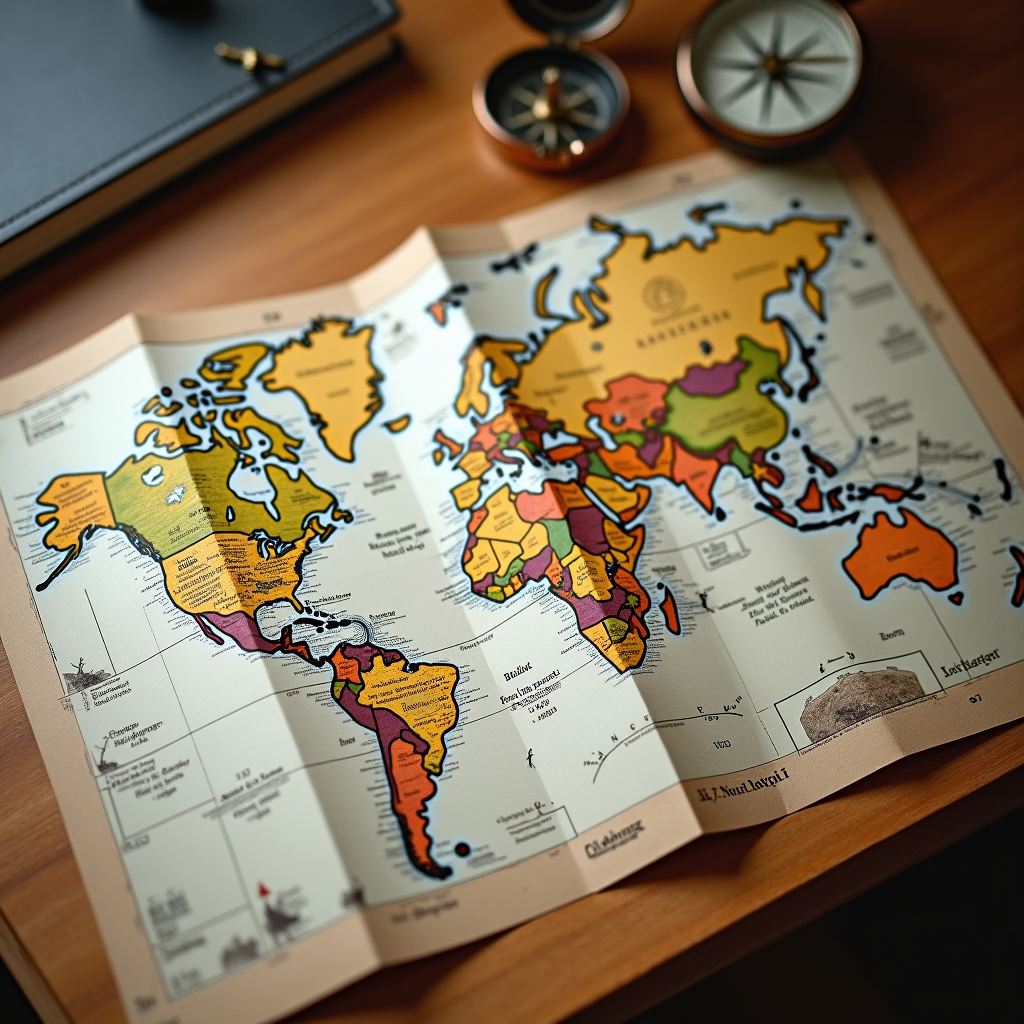 World map flat lay with small airplane pin markers on routes — watercolor illustration