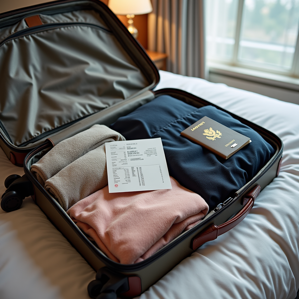 Open suitcase with rolled clothes, passport, and folded boarding pass — watercolor still life