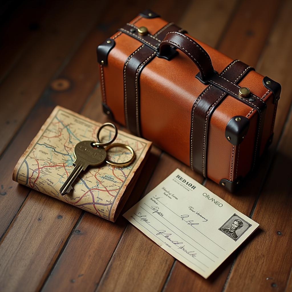 Watercolor illustration of small leather suitcase, vintage hotel postcard, folded map