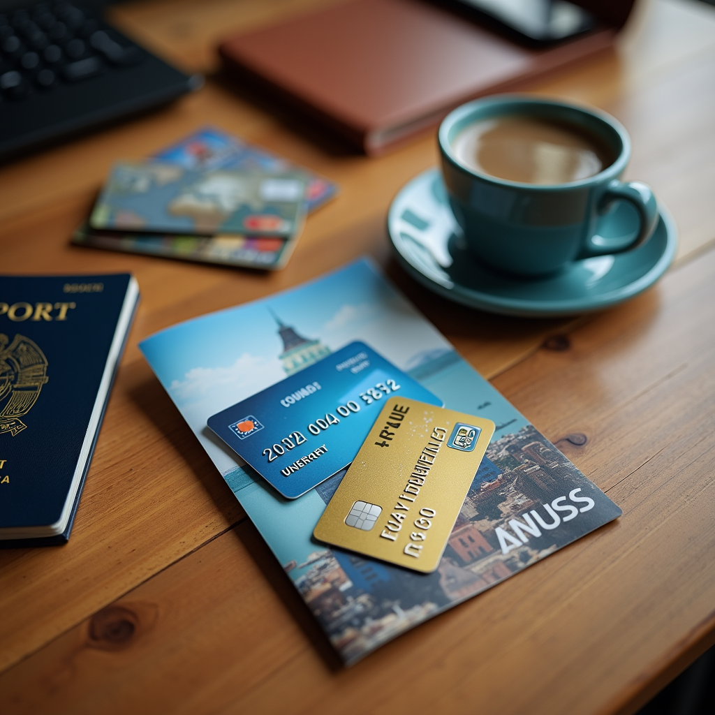 Watercolor still life of three credit cards fanned out beside a small travel insurance pamphlet on a wooden desk
