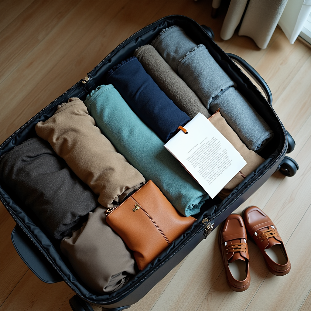 Watercolor illustration of an open suitcase with rolled clothing, a travel pouch, and a stack of paper documents on a hotel room floor