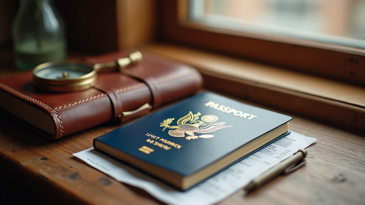 Watercolor still life of a passport, boarding pass paper, and a small travel insurance card laid out on a wooden surface