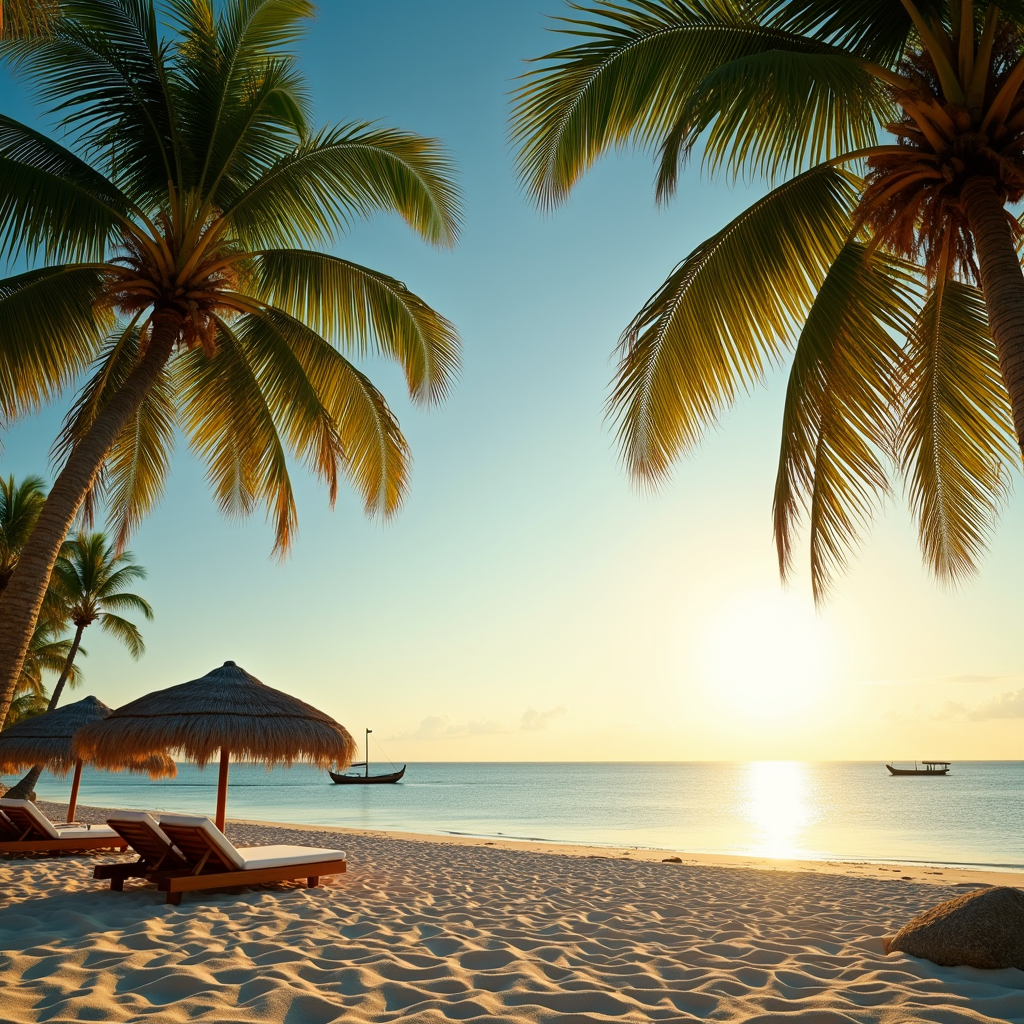 Watercolor illustration of a beach scene with palm trees, beach umbrella, and small boat on the horizon, no people visible