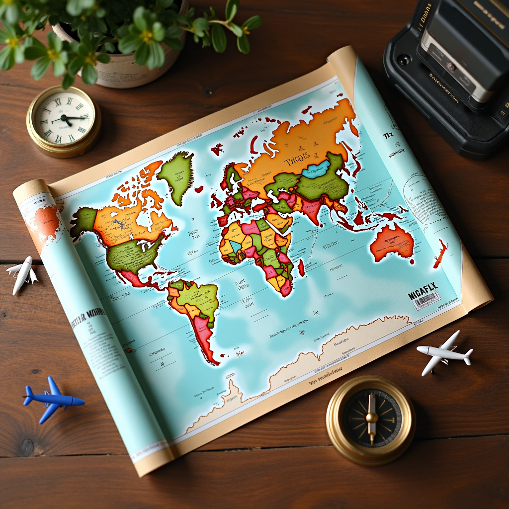 Watercolor flat lay illustration of a folded paper world map with small airplane pin markers and a wooden compass on cream background