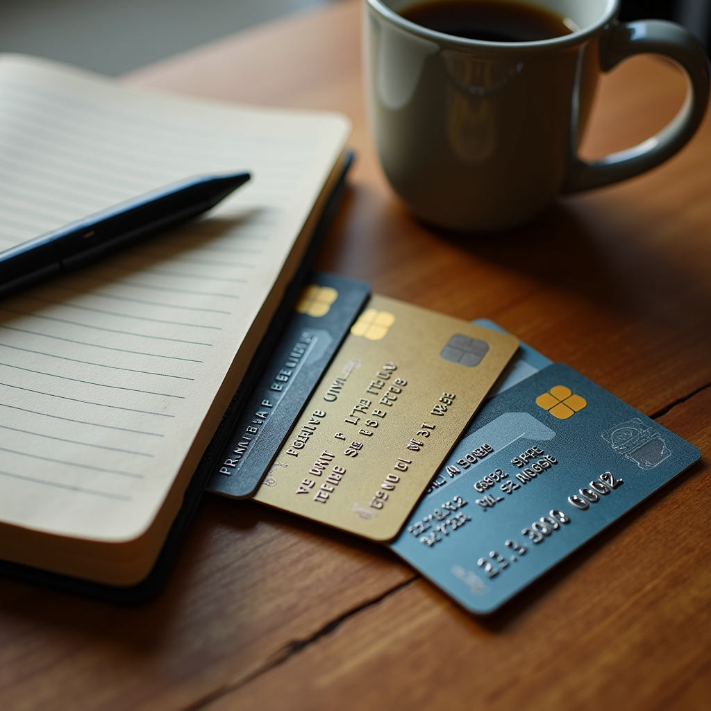 Watercolor still life of three premium credit cards fanned out on a wooden surface beside a small notebook and pen