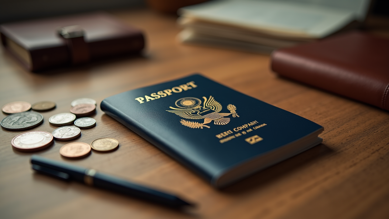 Watercolor still life of a passport, boarding pass, and small calculator on a wooden surface, top-down view