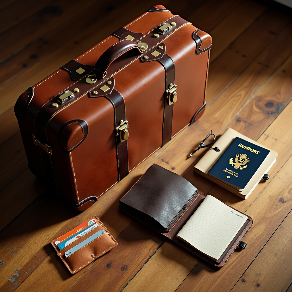 Watercolor illustration of a small leather suitcase, wallet, and small notebook with passport on a wooden floor