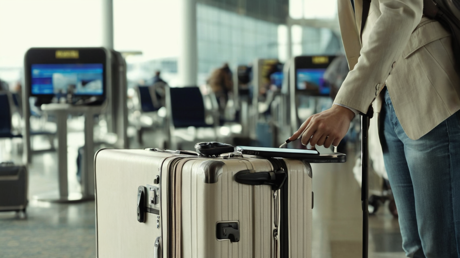 Traveler setting up phone at airport seating area