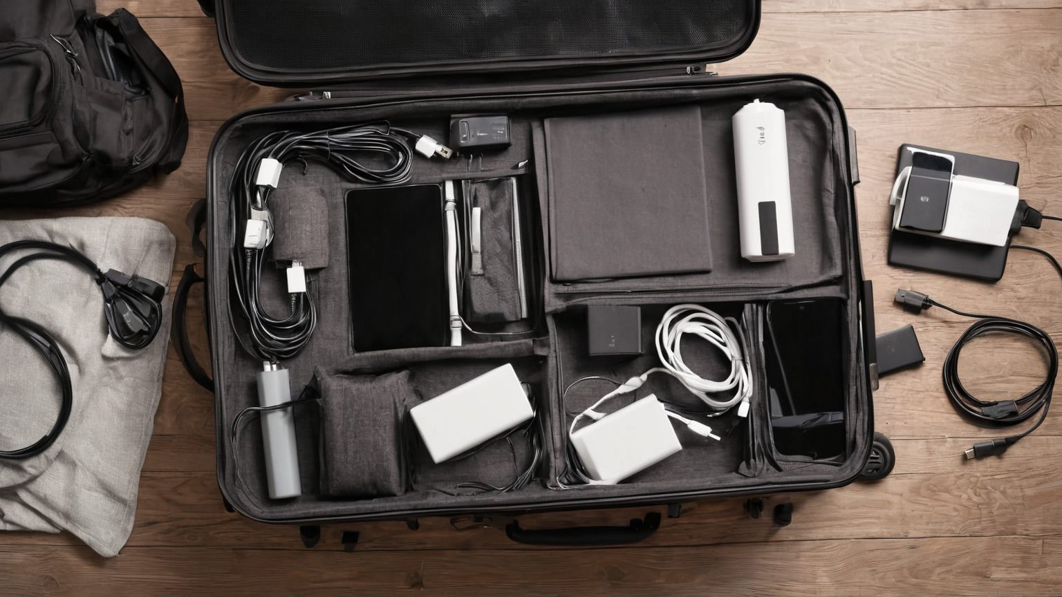 Travel backup kit in suitcase with power bank and cables
