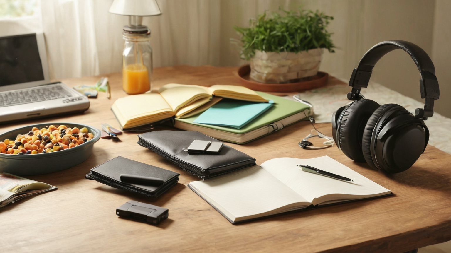 Family travel planning table with headphones and blank notebooks