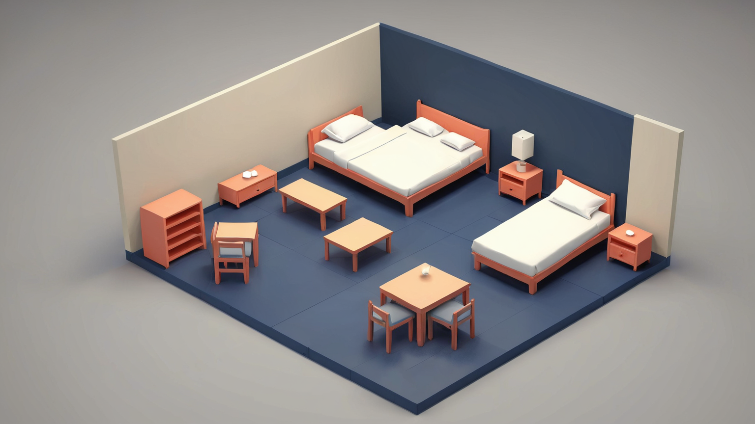 A simplified hotel-room layout with open refuge spaces beneath sturdy tables