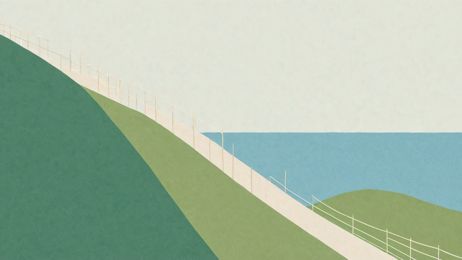A continuous abstract pedestrian route climbs from the coast toward higher ground