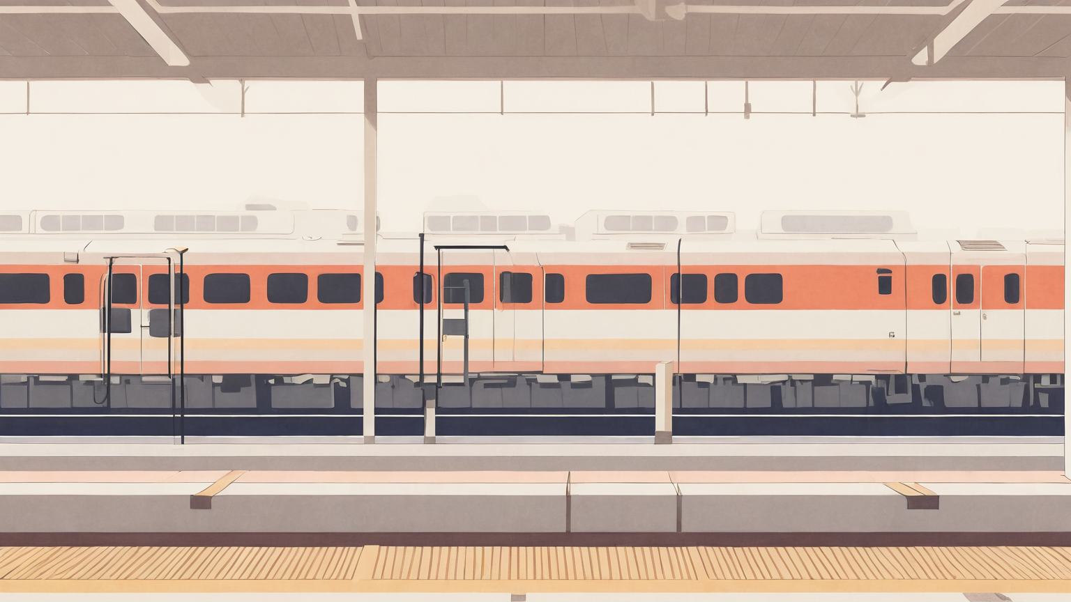 An unbranded train waits at an empty platform during a service pause
