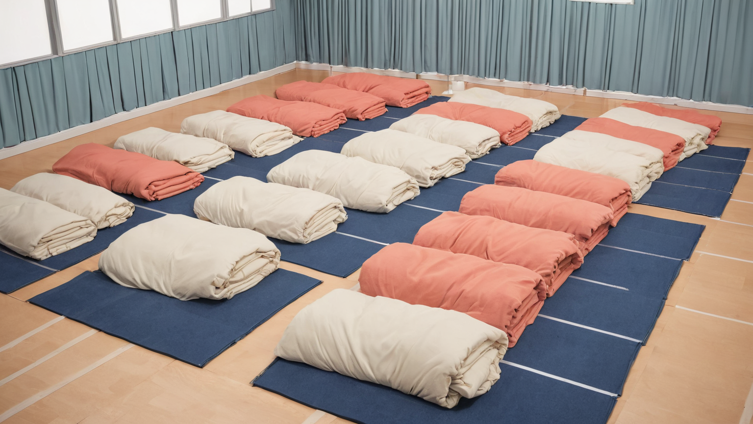 Plain bedding is arranged in an orderly temporary indoor rest area