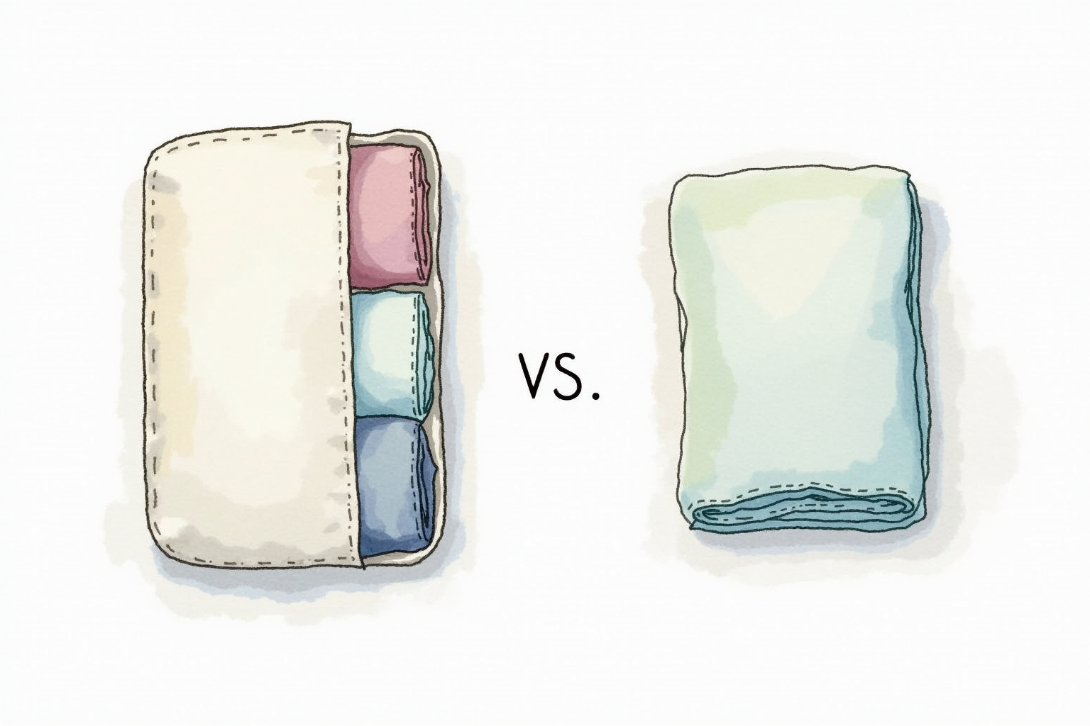 Rolled clothing inside packing cube versus folded clothing comparison