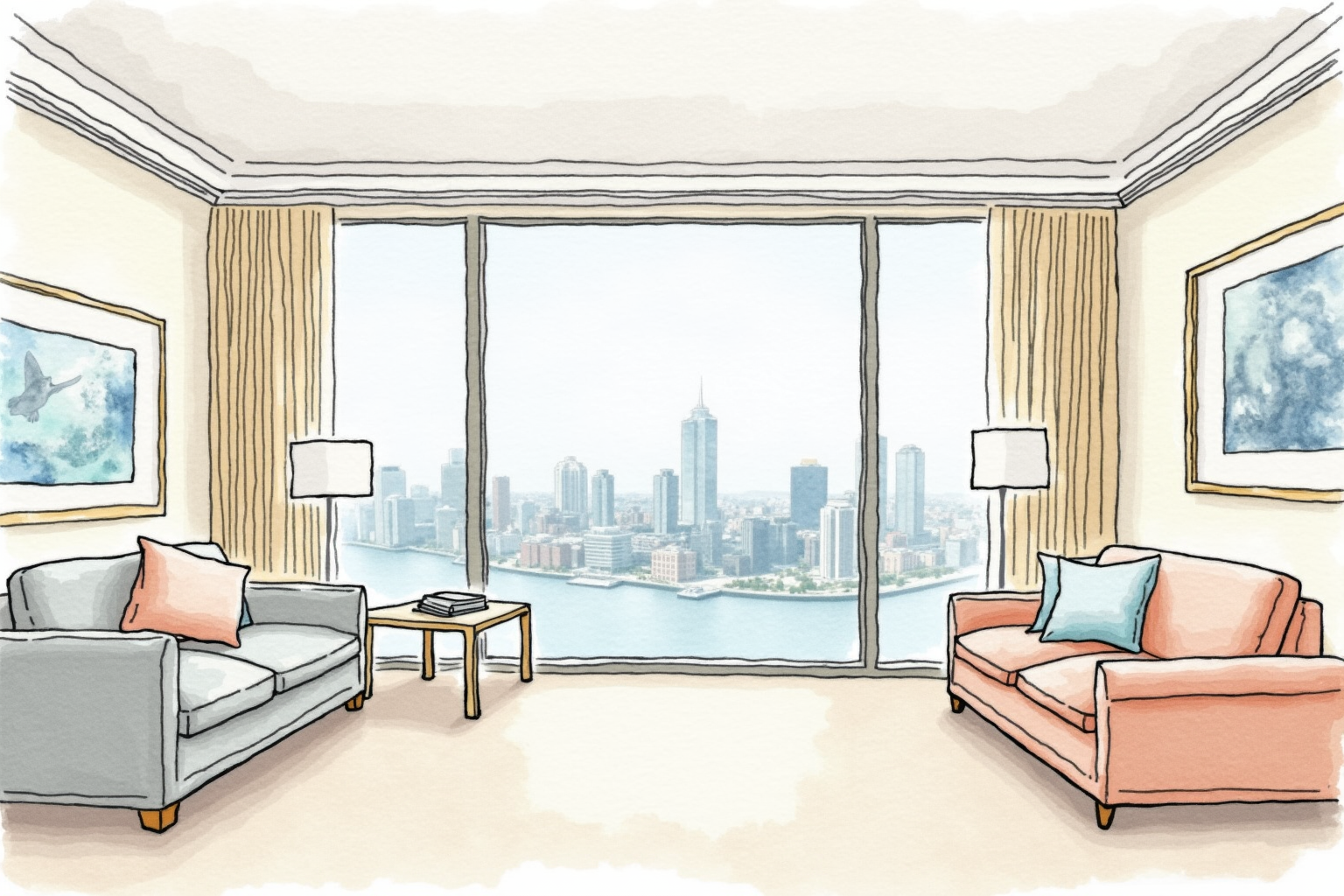Luxury hotel suite upgrade earned through loyalty status with city view