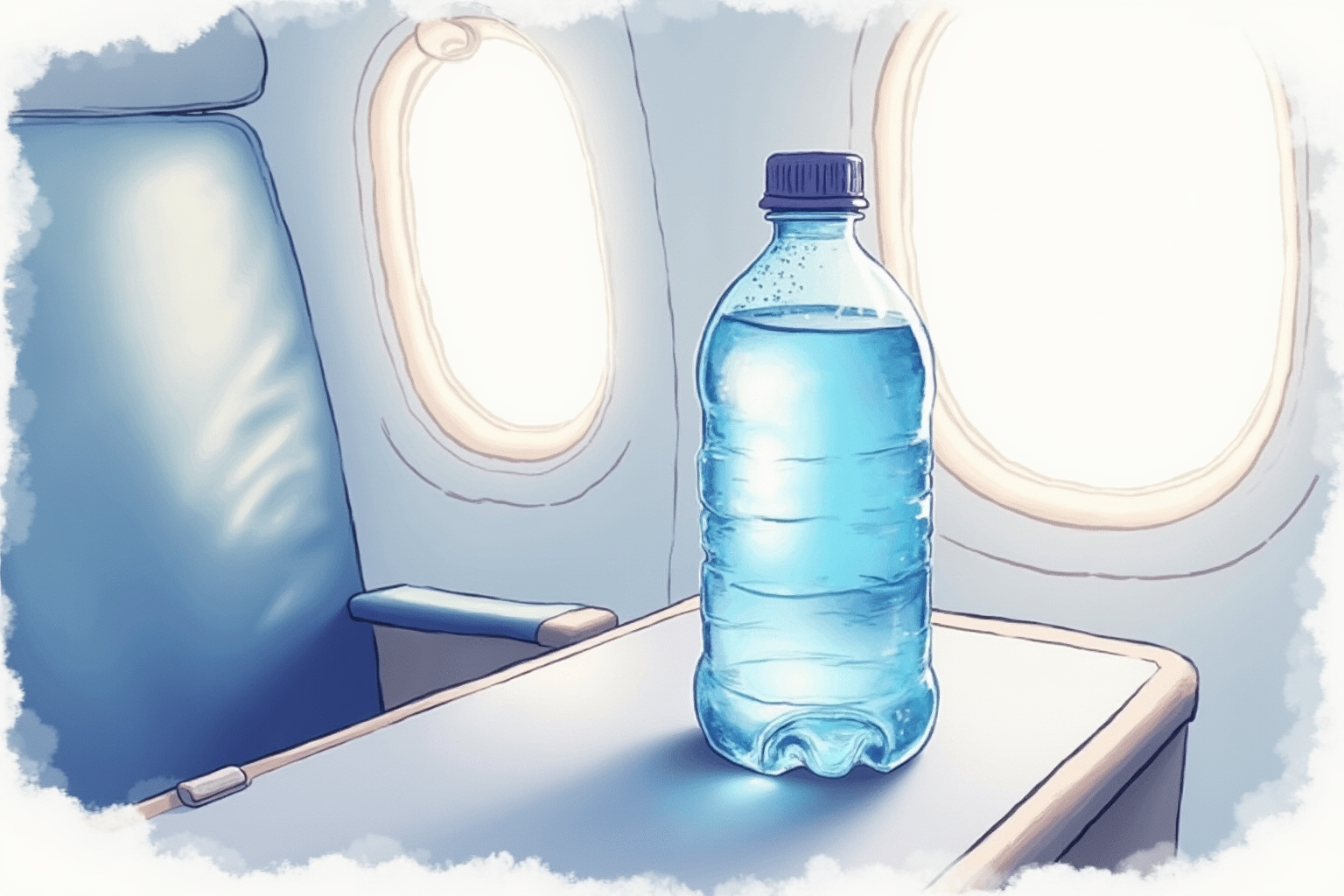 Dehydration prevention water bottle on airplane tray table during long flight