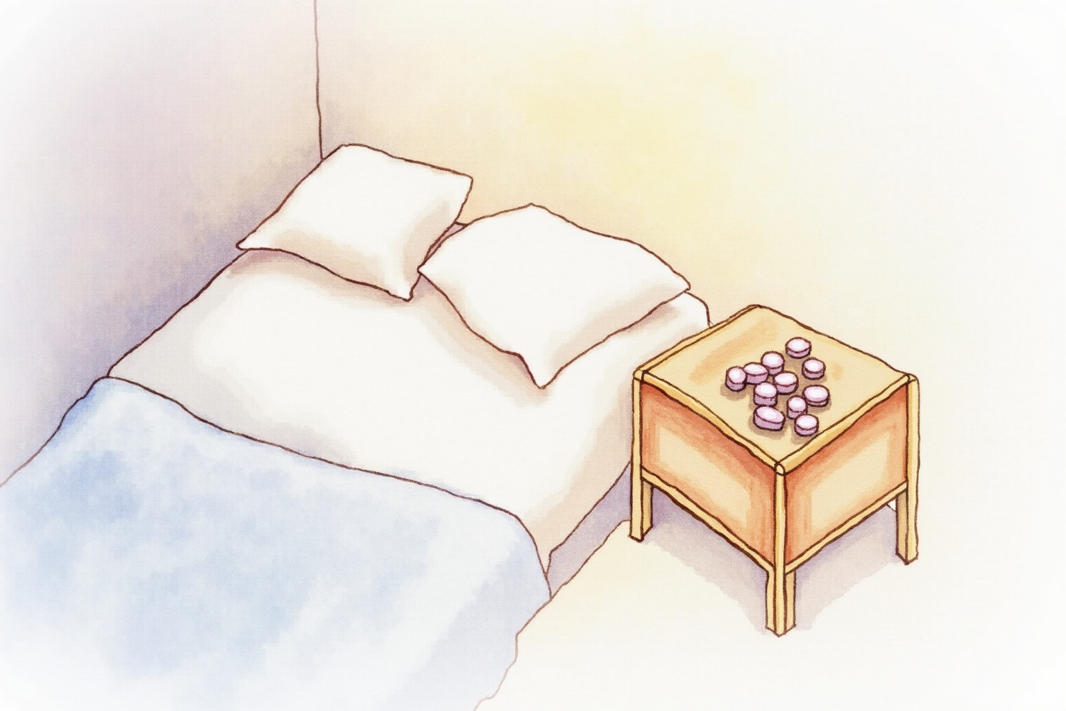 Melatonin supplement tablets on bedside table for circadian adjustment