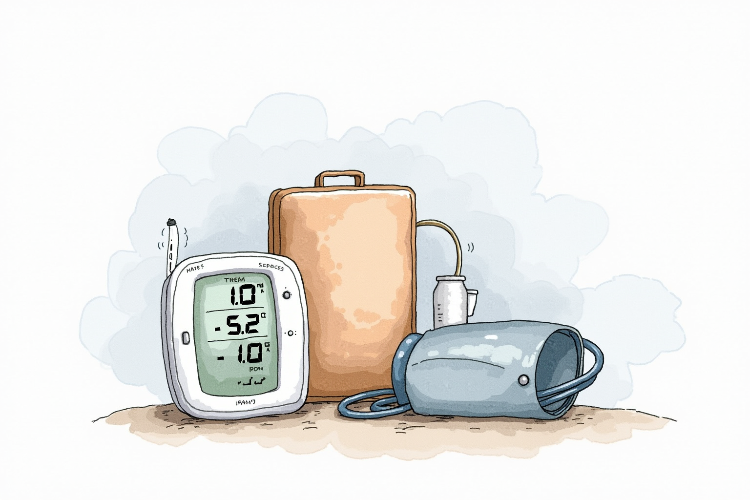 Digital thermometer and blood pressure monitor packed for travel