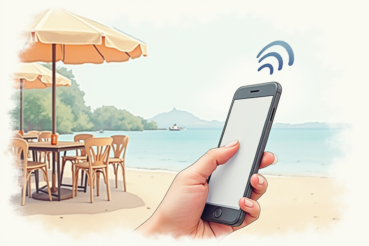 Mobile data signal bars on phone in foreign destination cafe