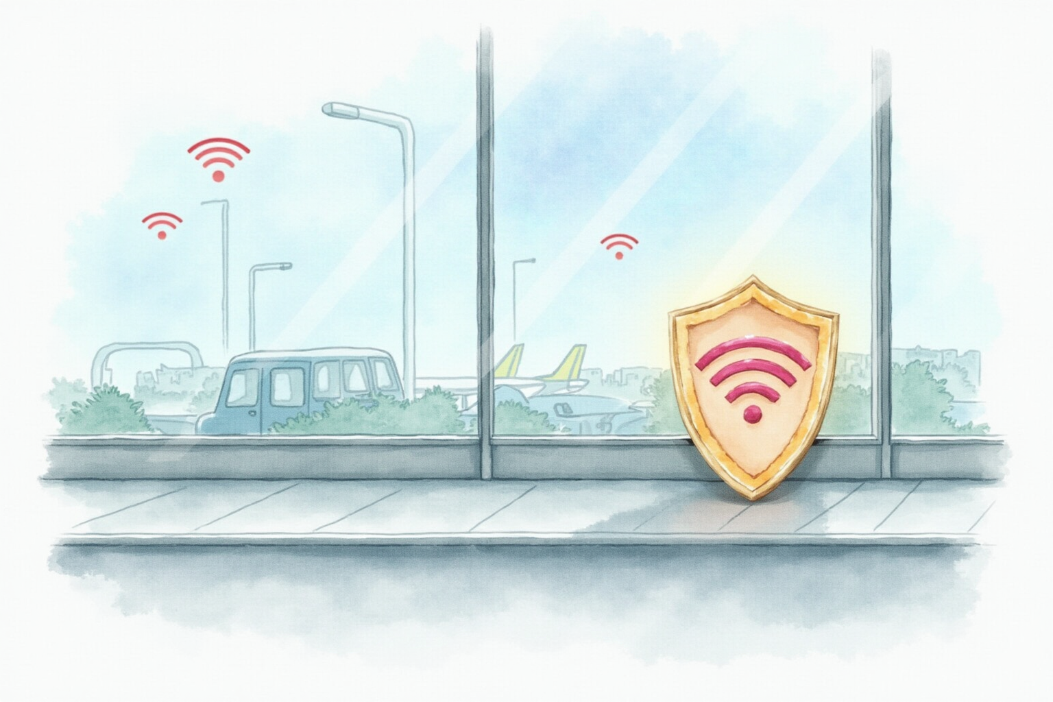 Public airport WiFi security with VPN encryption shield
