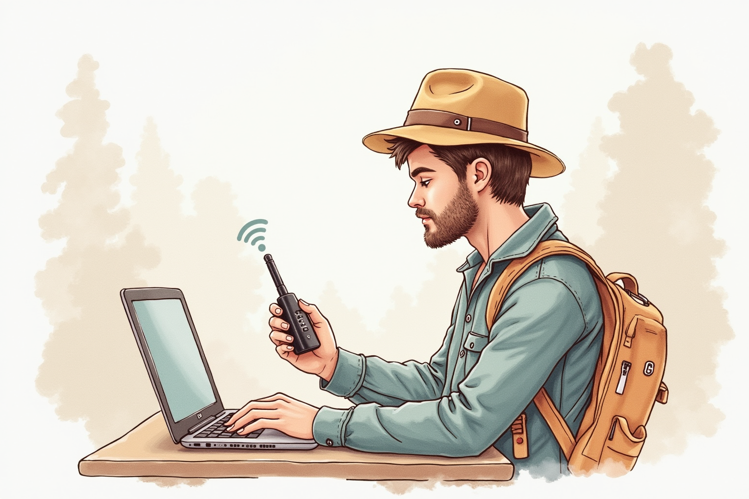 Traveler in cafe abroad using portable WiFi router with laptop