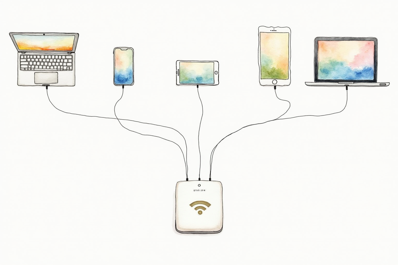 Multiple devices laptop phone tablet connected to portable WiFi router