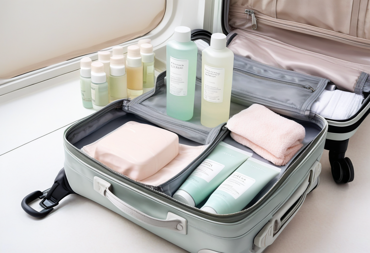 Organized quart-size liquids bag with travel bottles beside a carry-on suitcase