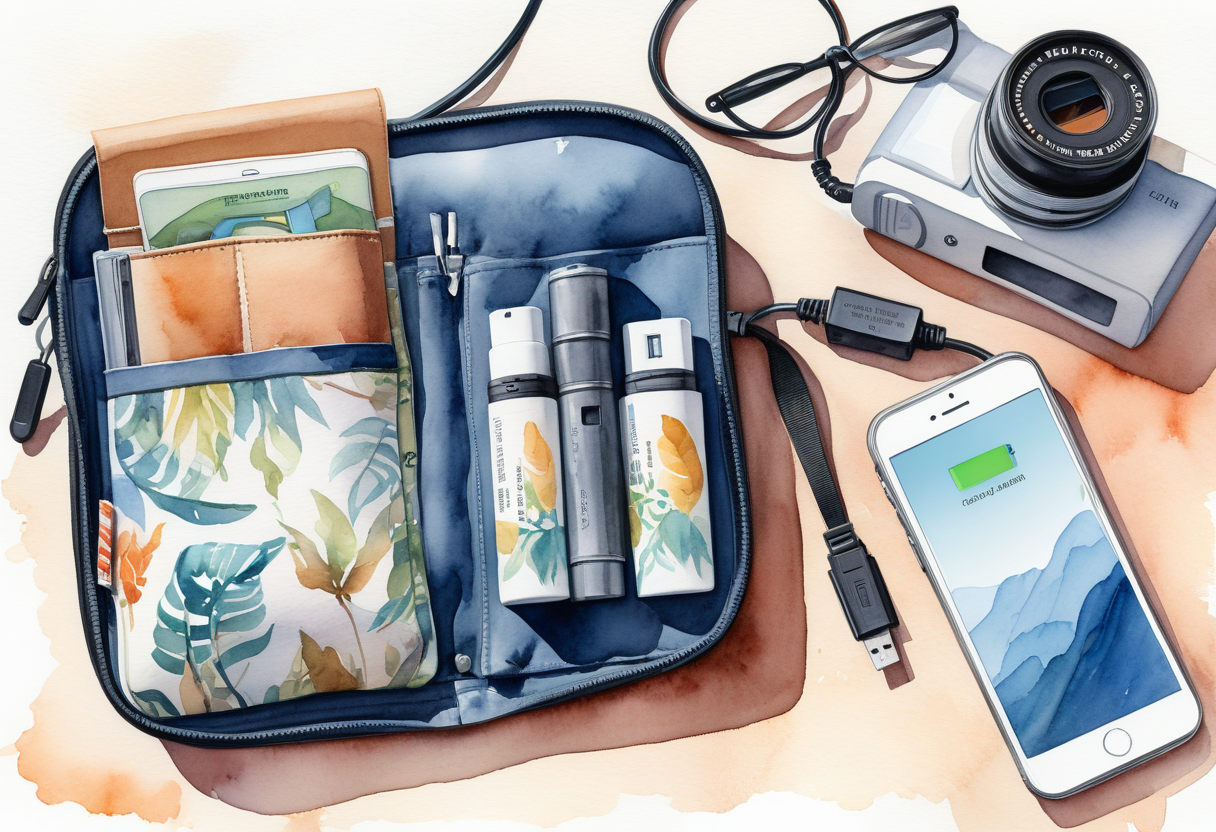 Power banks and camera batteries packed safely in a carry-on electronics pouch