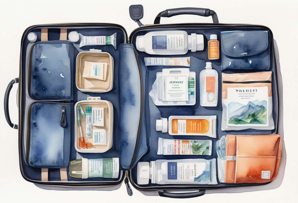 Top-down view of a compliant carry-on layout with liquids, medication, and electronics accessible