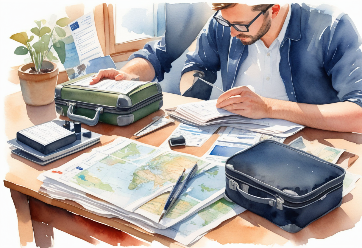 Traveler reviewing international customs and airline baggage rules before departure