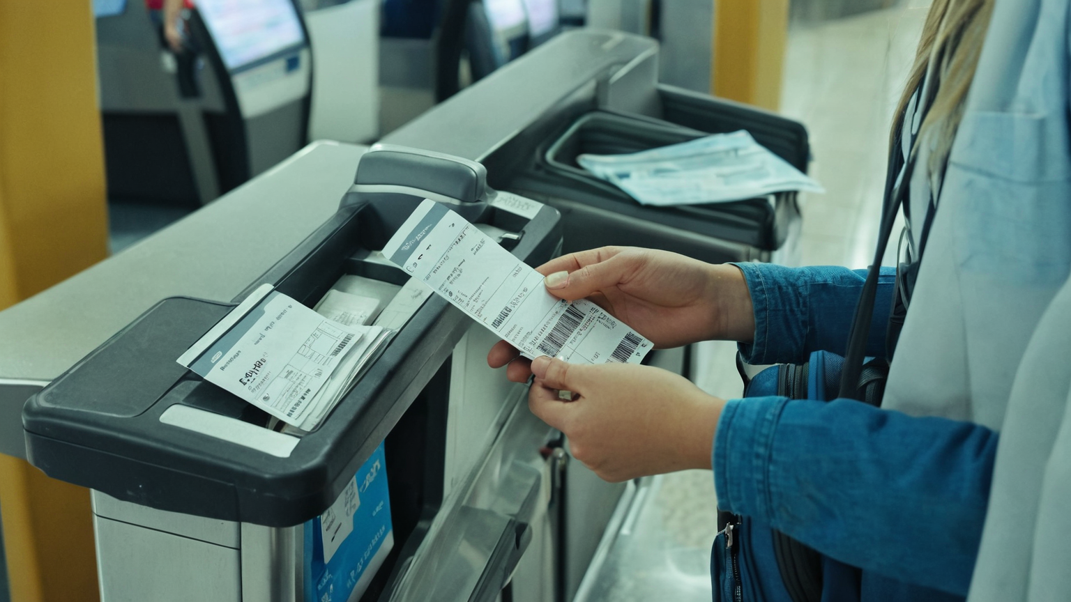 Traveler organizing receipts boarding pass and phone after a disruption