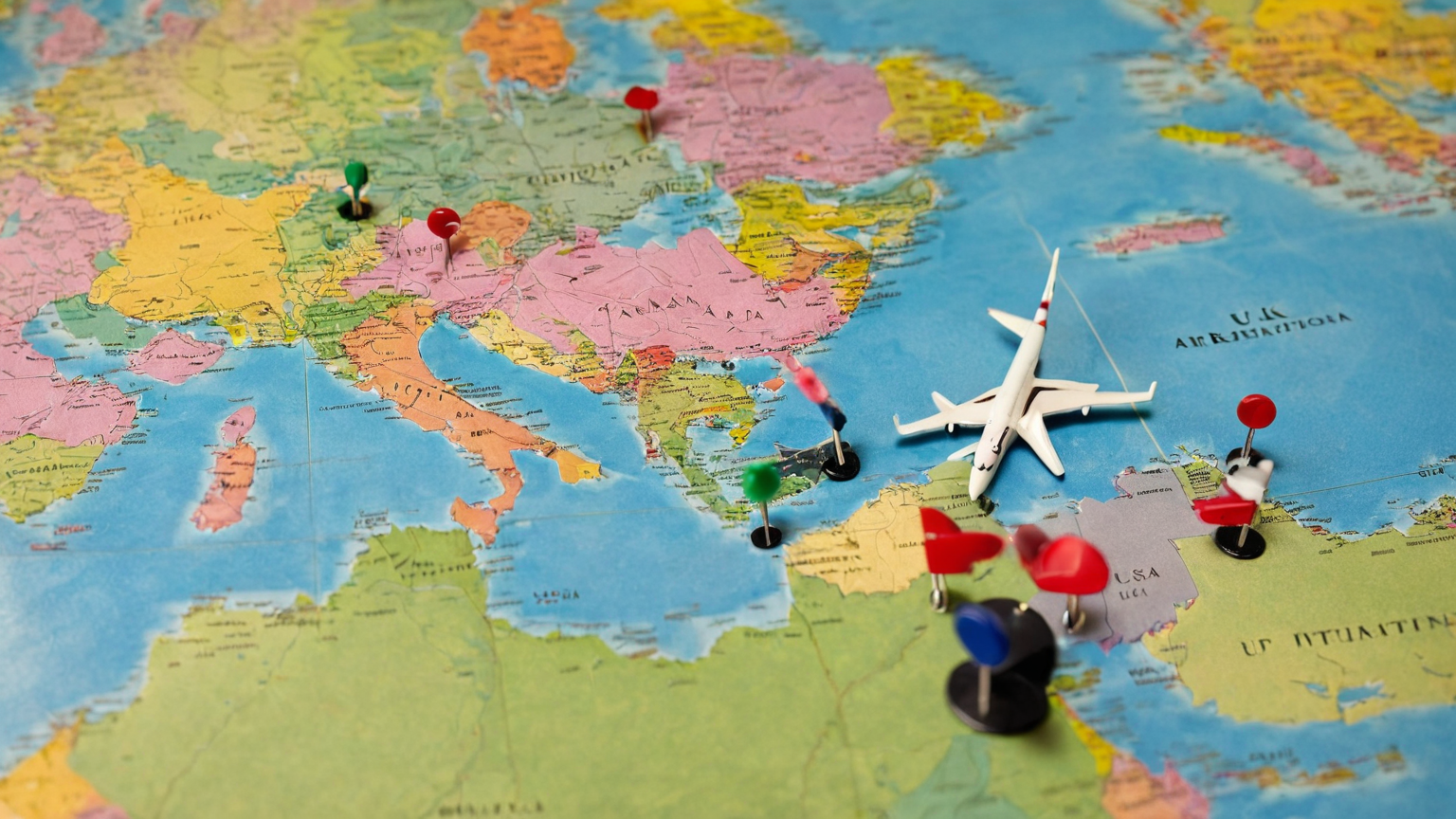 World map with model airplane and regional passenger rights markers