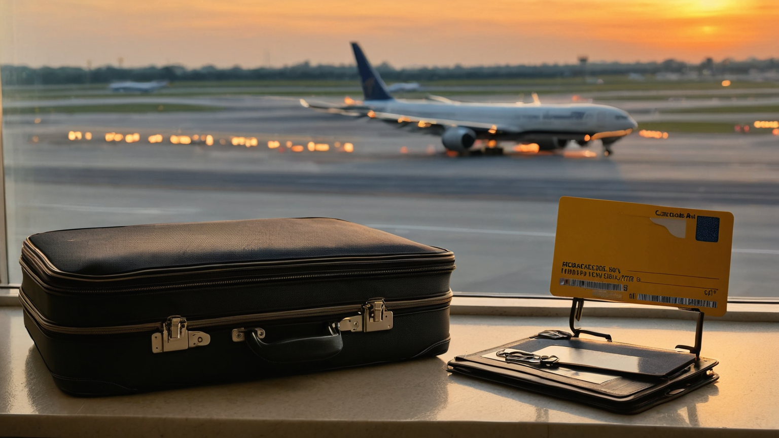 Suitcase at airport window during cancelled flight overnight disruption