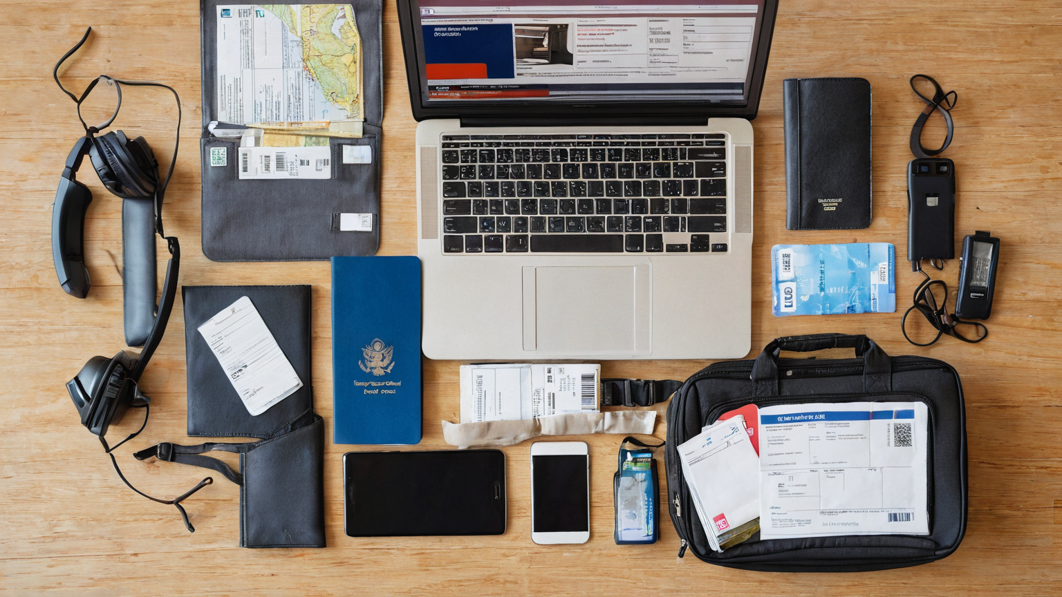 Organized travel claim documentation kit with laptop receipts phone and passport