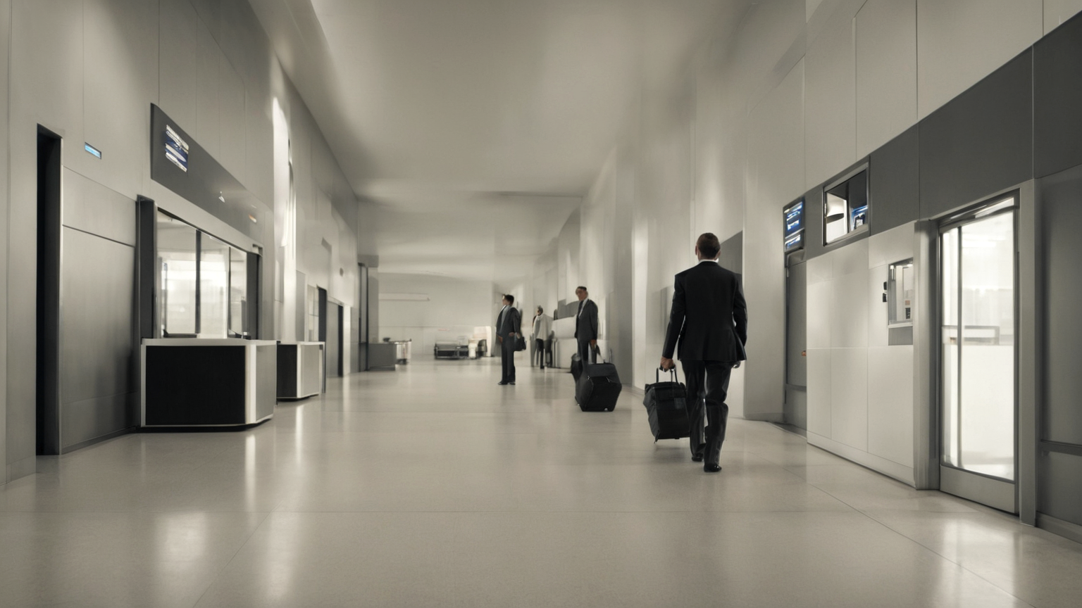 Enrollment-on-arrival and interview decision scene at an airport