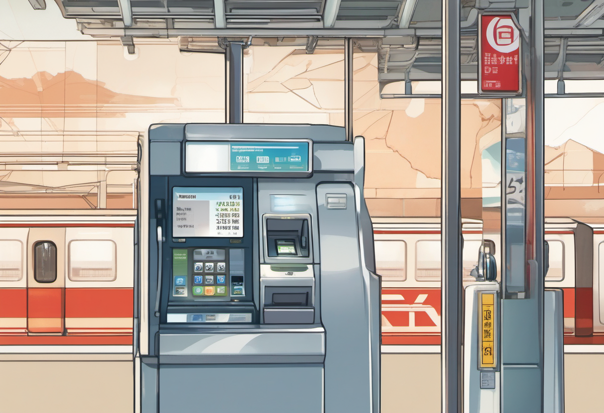 Japan travel planning desk with rail map, phone, IC card, and carry-on suitcase