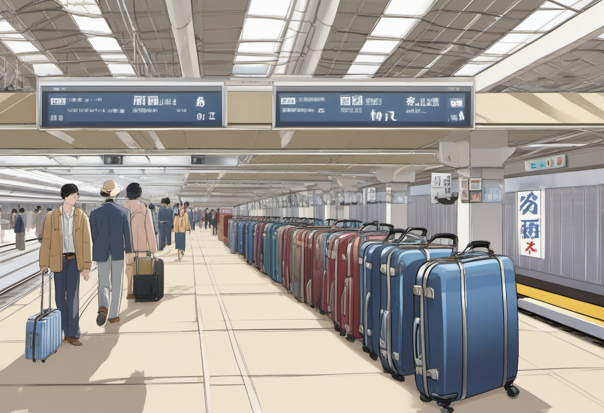 Large suitcase near reserved luggage space on a Japanese bullet train platform
